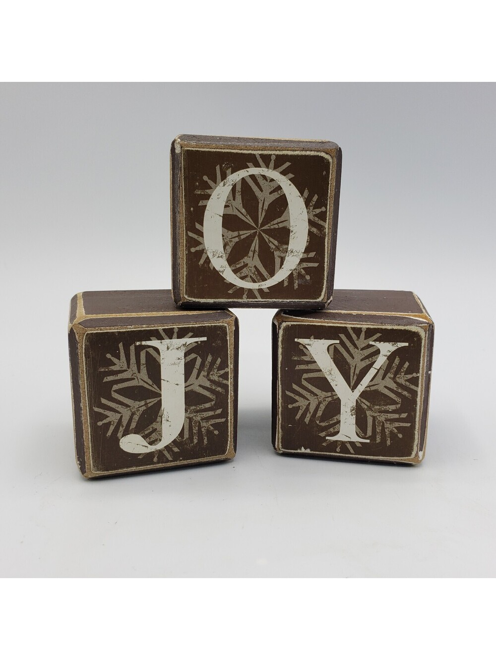 Primitive Style Wooden Blocks Spells JOY Deep Plum Color Snowflake Farmhouse